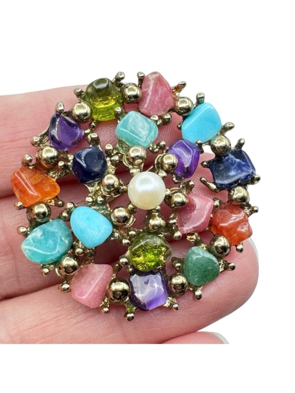 Vintage Multicolor Gemstone Chip Cluster Brooch 70s BOHO Gold Tone Cast Setting - Picture 3 of 16